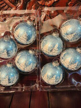 Blue & White Glass Ornaments Christmas by Krebs Set Of 8 With Snowy Tree
